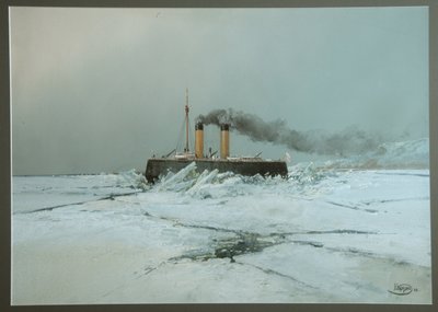 ロシアの砕氷船イエルマク (砕氷船イェルマク) - ニコライ・ニコラエヴィッチ・カラシン (1842-1908) 作、紙に水彩、白 (45.4x76 cm) 作： Nikolai Nikolayevich Karasin