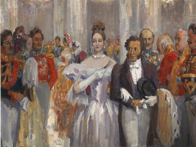 舞踏会で妻と一緒にいるアレクサンドル・プーシキン。 作： Nikolai Pavlovich Ulyanov