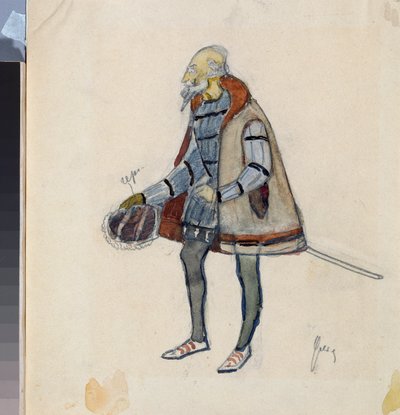 アレクサンダー・プーシキン (1799-1837) による演劇「アヴァレ・ナイト」の準備衣装、けちな騎士 (プーシキンによる演劇「けちな騎士」の衣装デザイン) - Nikolai Pavlovich Ulyanov (Ulyanov) の作品 ( 1875-1949)、クラ 作： Nikolai Pavlovich Ulyanov