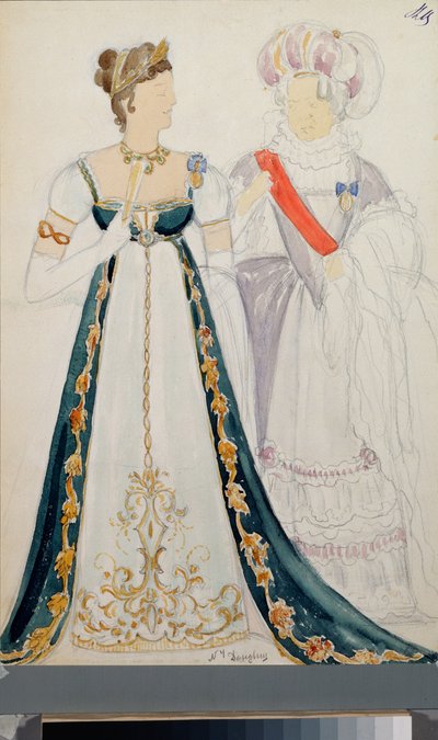 ピョートル チャイコフスキー (1840-1893) のオペラ「エフゲニー オネーギン」の準備衣装、2 人の女性、紙に鉛筆と水彩 作： Nikolai Pavlovich Ulyanov