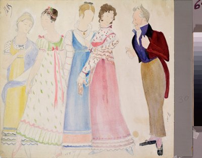 ピョートル・チャイコフスキー (1840-1893) のオペラ「エフゲニー・オネーギン」の準備衣装、男性と 4 人の若い女性 (P チャイコフスキーによるオペラ「エフゲニー・オネーギン」の衣装デザイン) - ニコライ・パブロヴィッチ・ウリヤノフ (Oulianov) の作品 ( 1875 年) -1949)、クレヨン、 作： Nikolai Pavlovich Ulyanov