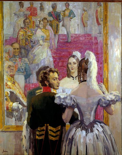 ロシアの詩人アレクサンドル・プーシキン (プーシキン) (1799-1837) と妻のナタリア・ゴンチャロワ (ゴンチャロワ) がアニチコフ宮殿の舞踏会で。 Nikolai Pavlovich Ulyanov (Ulyanov) (1875-1949) の絵画 作： ニコライ・パブロヴィチ・ウリヤノフ