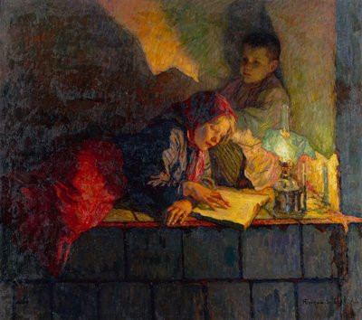 キャンドルライトで読む子供たち（キャンバスに油彩） 作： Nikolai Petrovich Bogdanov Belsky