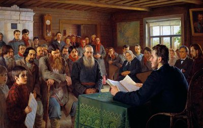 村の学校での日曜のメッセージ」、1895 年。 作： Nikolai Petrovich Bogdanov Belsky