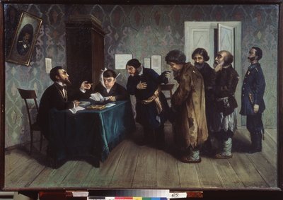 地方の仲裁裁判所。 正義の日常シーン。 ニコライ・ペトロヴィッチ・ザゴルスキー (1849-1893) の絵画、キャンバスに油彩 作： Nikolai Petrovich Zagorsky