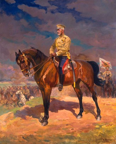 馬に乗った大公ニコライ・ニコラエヴィチ 1856–1929 の肖像、1910 年代。 作： Nikolai Semyonovich Samokish