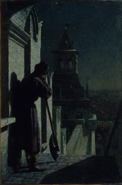 月明かりに照らされた夜、1890年代のモスクワクレムリンタワーの小道 作： Nikolai Sergeyevich Matveyev