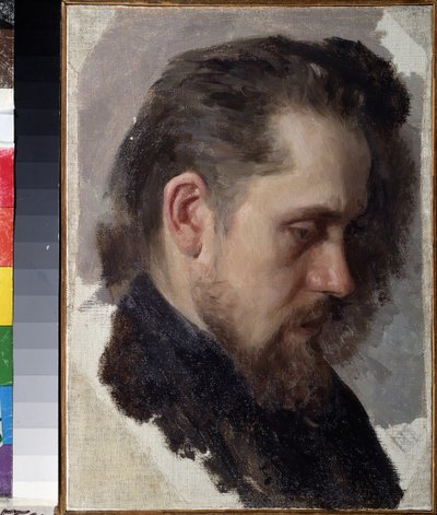 作家ニコライ・ポムヤロフスキー（ニコラス・ポムヤロフスキー）（1835-1863）の肖像画。 （著者N.ポミャロフスキーの肖像）。 Nikolai Vasilyevich Nevrev (1830-1904) の絵画、キャンバスに油彩 作： Nikolai Vasilievich Nevrev