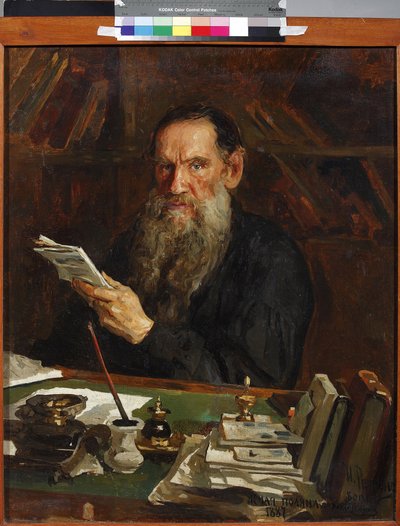 レオン・トルストイ - 作家レフ・ニコラエヴィッチ・トルストイ伯爵 (1828-1910) の肖像画、オルロー、ニコライ・ヴァシリエヴィッチ (1863-1924) 作。 キャンバスに油彩、19 世紀末、モスクワ国立中央文学博物館 作： Nikolai Vasilievich Orlow