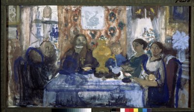 お茶を飲む。 中央にサモワールを置いたテーブルを囲む家族。 Nikolai Nikolayevich Sapunov (Sapunov) (1880-1912) の作品、ダンボールにテンペラ 作： Nikolaj Nikolaevic Sapunov