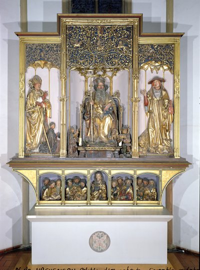 イセンハイムの祭壇画からの木製彫刻のグループ、c.1490（金色の木材） 作： Nikolaus Hagenauer