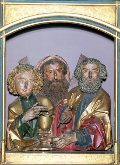 SSの木製彫刻。ジョン、アンドリュー、ピーター、アイゼンハイム祭壇画のプレデラから、c.1490（塗装済み木材） 作： Nikolaus Hagenauer