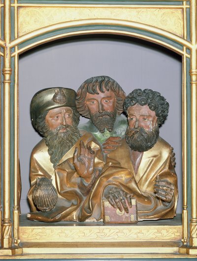 聖ジェームズ大、聖シモン、聖タデウスの木造彫刻、アイゼンハイム祭壇画のプレデラ、c.1490（塗られた木） 作： Nikolaus Hagenauer