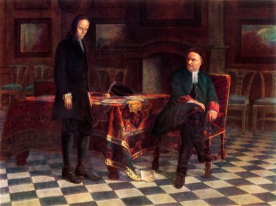 「ピーター H. ツァレヴィッチ アレクセイ ペトロヴィッチに尋問する」、1871 年、1965 年。 作： Nikolay Ge