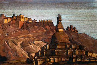 チベットの風景、1920年頃（段ボールのテンペラ） 作： Nikolay Konstantinovich Rerich