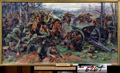 1915 年にドイツの砲兵隊に突撃するロシアの騎兵隊 (1915 年にドイツの砲兵隊に突撃するロシアの騎兵隊)。 Nikolai Yakovlevich Borisov (1873-1942) の絵画。 キャンバスに油彩、75 x 142 cm、20 世紀初頭のロシア美術。 州中央砲兵隊 作： Nikolay Yakovlevich Borisov