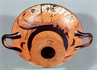 ギリシャの帆船を描いた屋根裏の黒像式杯、紀元前520年頃（陶器） 作： Nikosthenes