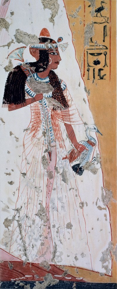 アヒルを連れた若い女性、ラメセス2世の時代のテーベ、イプイの墓のフレスコ画の模写。 作： ニーナ・デ・ガリス・デイヴィス