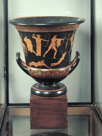 ニオビッドの死を描いた屋根裏の赤像式聖杯形クラテル、紀元前460-50年（陶器）（92576-77も参照） 作： Niobid Painter