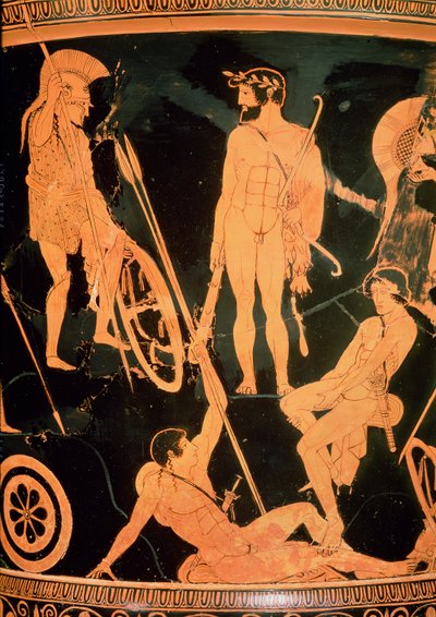 ヘラクレスとギリシャの英雄、アッティカ赤像式聖杯形クラテルの詳細、紀元前490年頃（陶器）（92577と19106も参照） 作： Niobid Painter