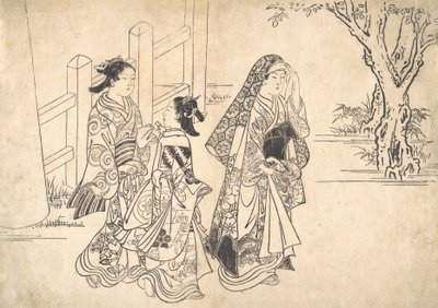 娼婦の後に 2 人の少女アテンダントが続きます。 1690-1751。 作： Nishikawa Sukenobu