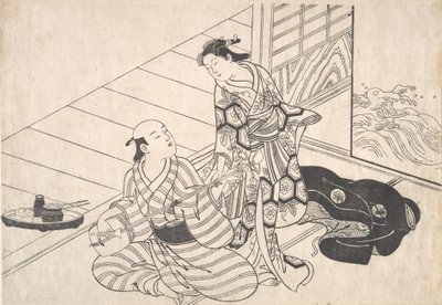 三味線を弾く恋人に割り込むお嬢様。 作： Nishikawa Sukenobu