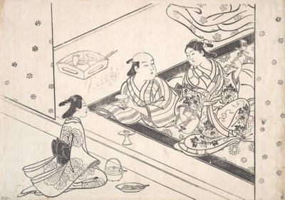 三味線を奏でる淑女と恋人と従者がそばにいる。 作： Nishikawa Sukenobu