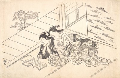 部屋の床に寄りかかって本を読む 2 人の女性。 1730年頃。 1730年。 作： Nishikawa Sukenobu