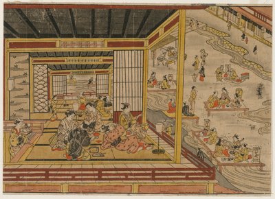 京都の鴨川沿いの茶室、1740年代。 作： Nishimura Shigenaga