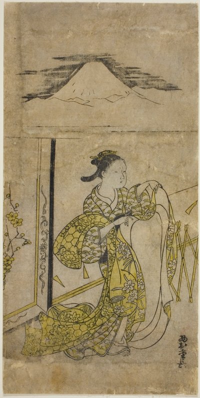 富士山を背景に着物を持つ女性 作： Nishimura Shigenaga