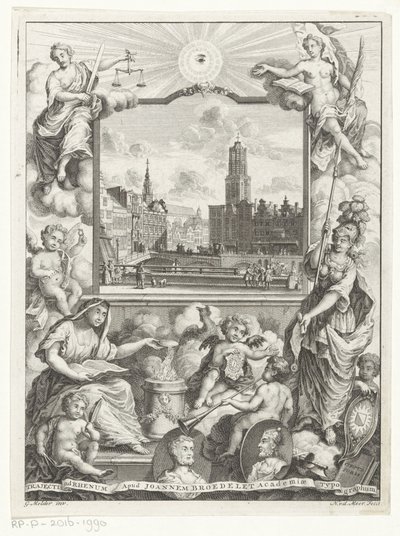 Stadsgezicht met Domkerk te Utrecht en allegorie met Utrechtse stedenmaagd タイトル: Elias de Vries, Dissertatio juridica, de jure naturale ac gentium, seu duobus アプリオリバス ジュリス フォンティバス, 1745. 作： Noach van der Meer (I)