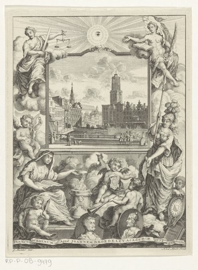 Stadsgezicht met Domkerk te Utrecht en allegorie met Utrechtse stedenmaagd タイトル: Elias de Vries, Dissertatio juridica, de jure naturale ac gentium, seu duobus アプリオリバス ジュリス フォンティバス, 1745. 作： Noach van der Meer (I)