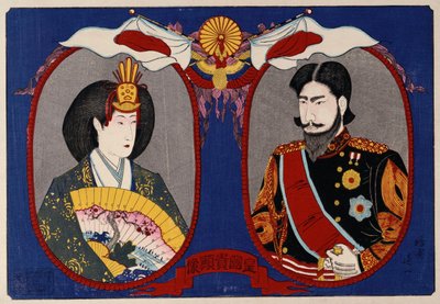 明治天皇・皇后両陛下の肖像」（カラー木版画 作： Nobukazu Watanabe
