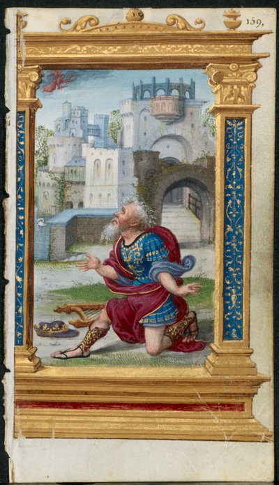 1時間の帳からの葉：祈りのダビデ王3切り抜かれた葉の2、c。 1530-35。 作： Noel Bellemare