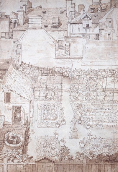 建物に囲まれたパルテールとぶどうの木のパーゴラのあるタウンハウスの庭、1677年頃（ペンと茶色のインク、茶色のウォッシュ 作： Noel Gasselin