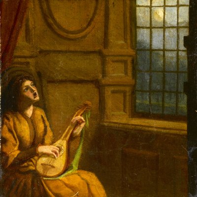 窓辺でリュートを演奏する少女、1920年頃（水彩・紙） 作： Noel Rooke