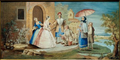 コメディアンで劇作家のJean Baptiste Poquelin dit Moliere（片膝を地面につけている）と1668年の作品「Georges Dandin ou le mari confused」に登場するコメディアンたち。クリスマスの絵 コイペル（1628-1707） 1668年 コレクション ジャック・ローシー 作： Noël Coypel
