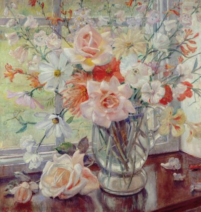 ガラスの水差しの中の夏の花の静物 作： Nora Lucy Mowbray Cundell
