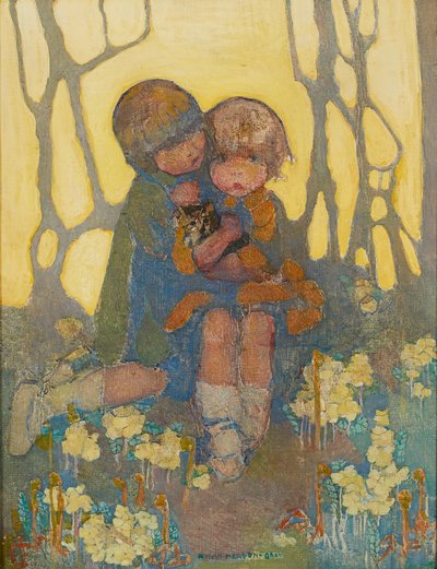 子猫と姉妹（キャンバスに油彩） 作： Norah Neilsen Gray