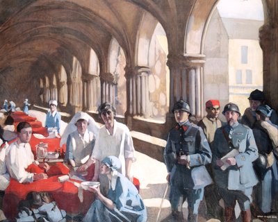 ロワイモヨンの修道院の回廊で。フランスの患者を検査するフランシス・イヴェンス博士 作： Norah Neilson Gray