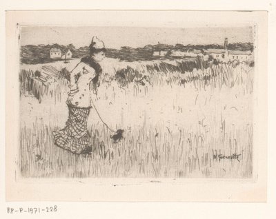 風景の中で犬と一緒に歩く女性 作： Norbert Goeneutte