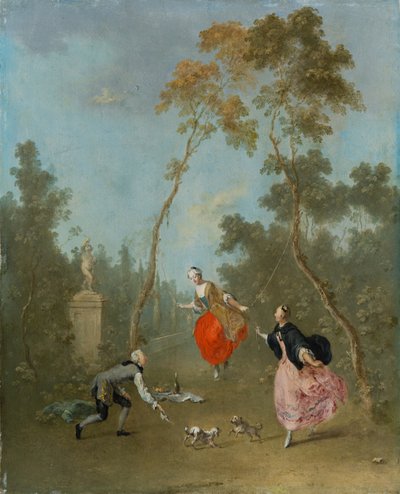 ブランコに乗る女性-公園1のギャラントシーン、1760年頃（ライムウッドに油彩） 作： Norbert Joseph Carl Grund