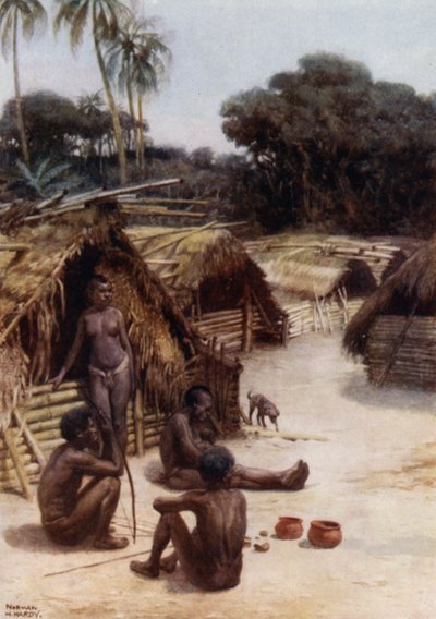ニューヘブリディーズ諸島サント島の村（カラーリトグラフ 作： Norman Hardy