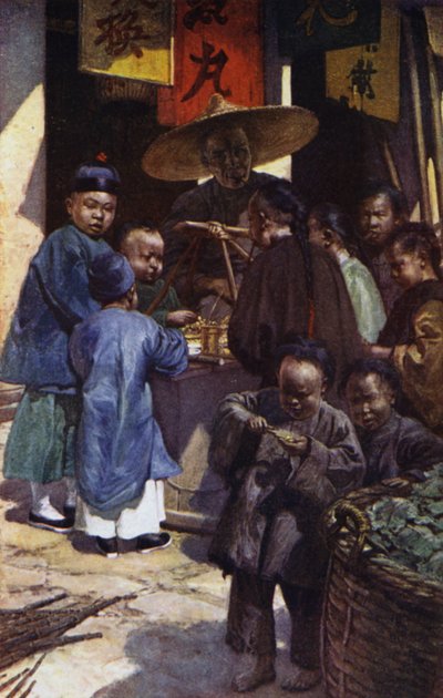 中国。甘いものの屋台を囲む少年たち（カラーリトグラフ 作： Norman Hardy