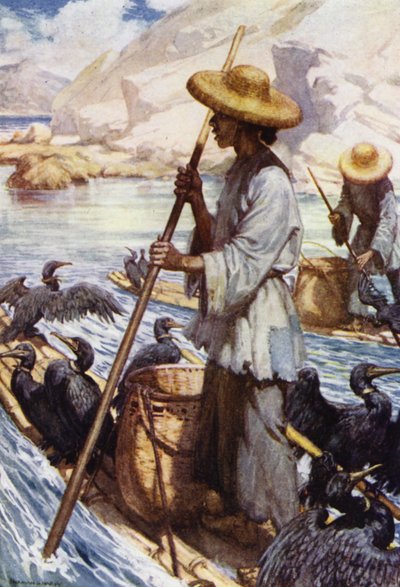 中国。鵜飼の様子（カラーリトグラフ 作： Norman Hardy