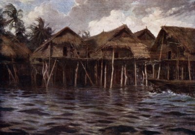 海から見たモツ村（カラーリトグラフ 作： Norman Hardy