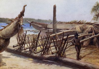 ニューヘブリディーズ諸島、マレクラ付近の古い戦争カヌー（カラーリトグラフ 作： Norman Hardy