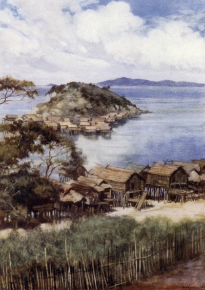 英領ニューギニアのポートモレスビーにある伝道所から見たエレベラ島（カラーリトグラフ 作： Norman Hardy