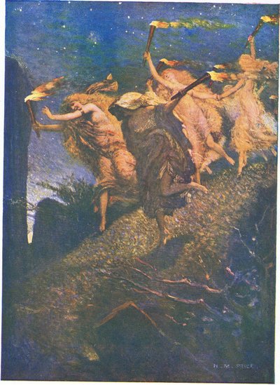 最初のワルプルギスの夜: 「暗がりをくぐり抜けて進み、それぞれの岩のくぼみに出入りする」 (色リソ) 作： Norman Mills Price
