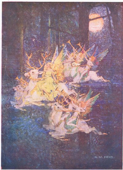 The Fairy Love: 森の向こうに月がちらりと見えた、そこにFaysが前進しているのが見えた (color litho) 作： Norman Mills Price